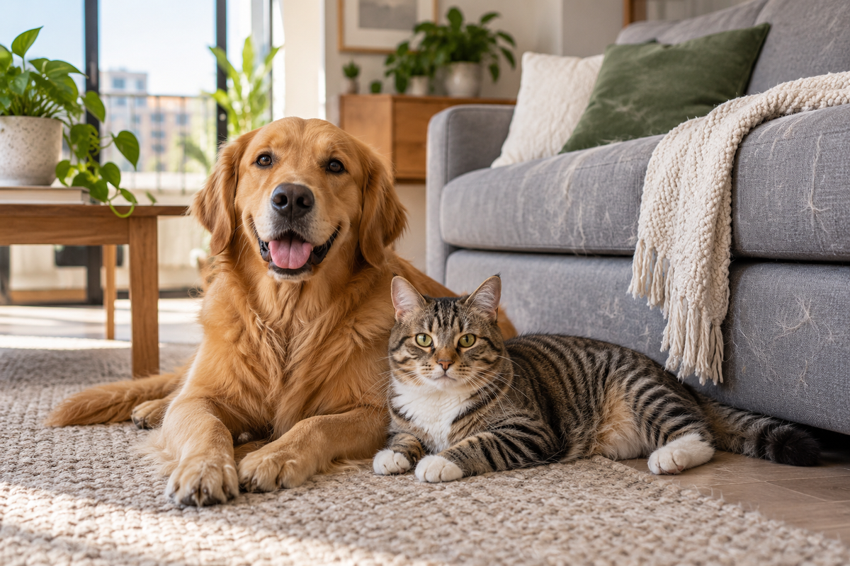 Perro y gato descansando en un living con sofá y textiles