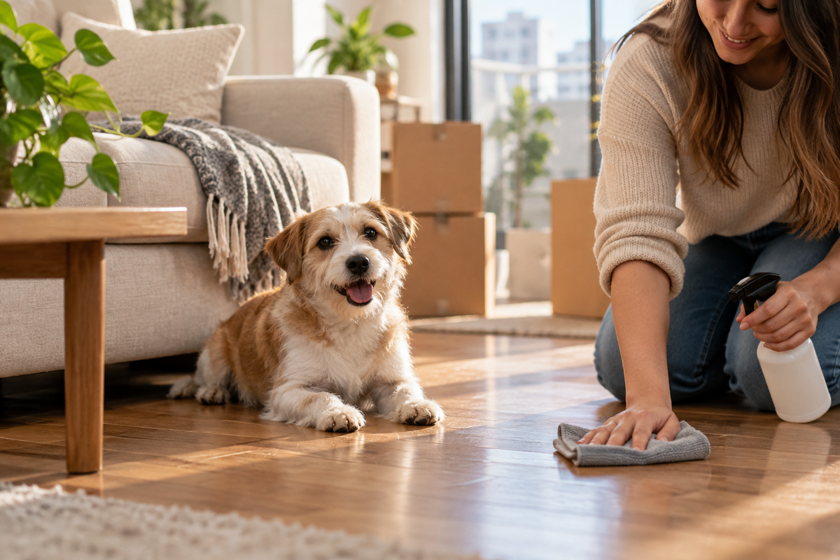 Persona limpiando el piso junto a su perro en un departamento