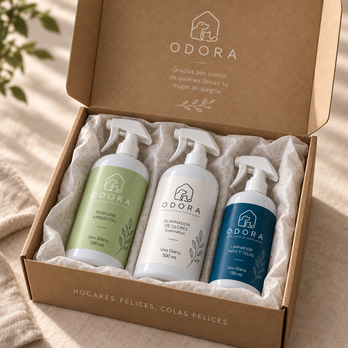 Pack ODORA con eliminador de olores, limpiador de telas y perfume ambiental para hogares con mascotas